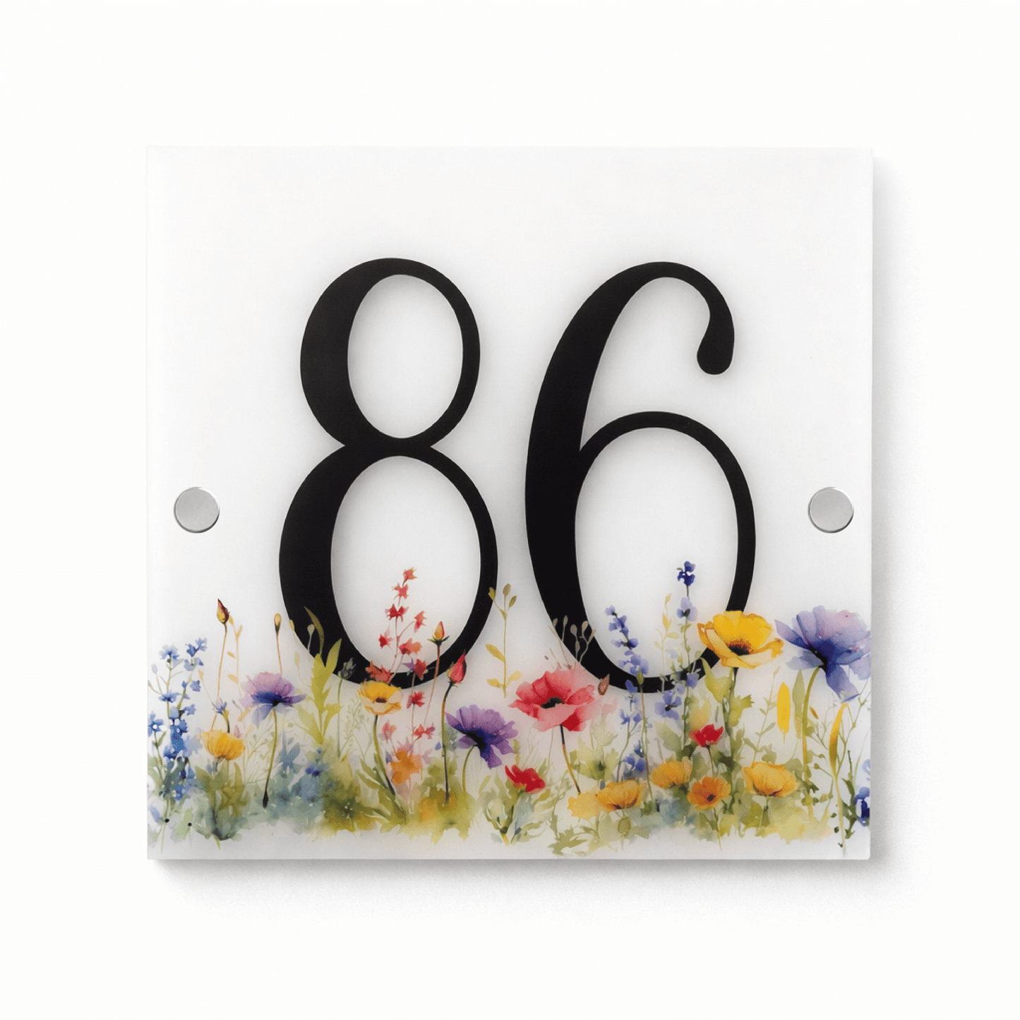 Dørskilt i frostet akryl – Husnummer & Vilde Blomster – 20x20 cm - MoodTiles