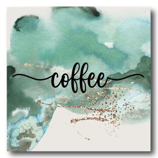 Coaster lavet af en flise. i grøn watercolor med tekst coffee. MoodTiles
