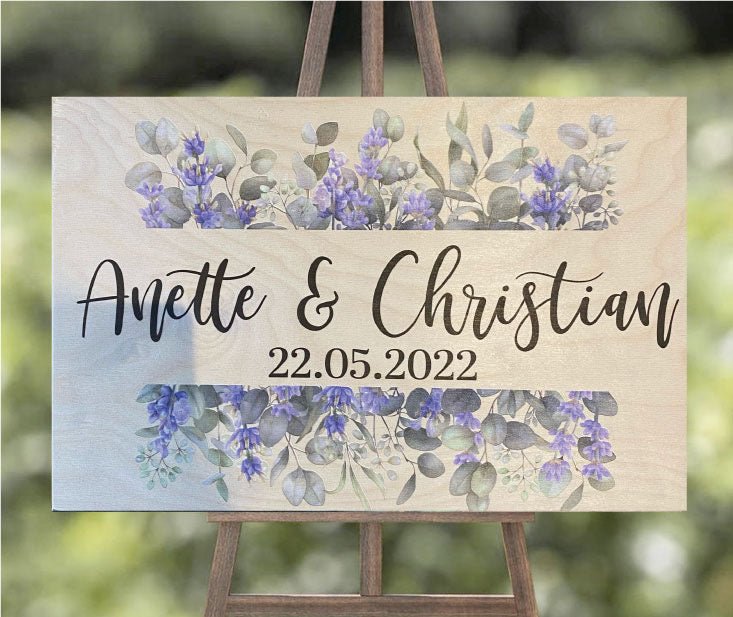 Bryllups skilt i træ med motiv af lavendler. Moodtiles