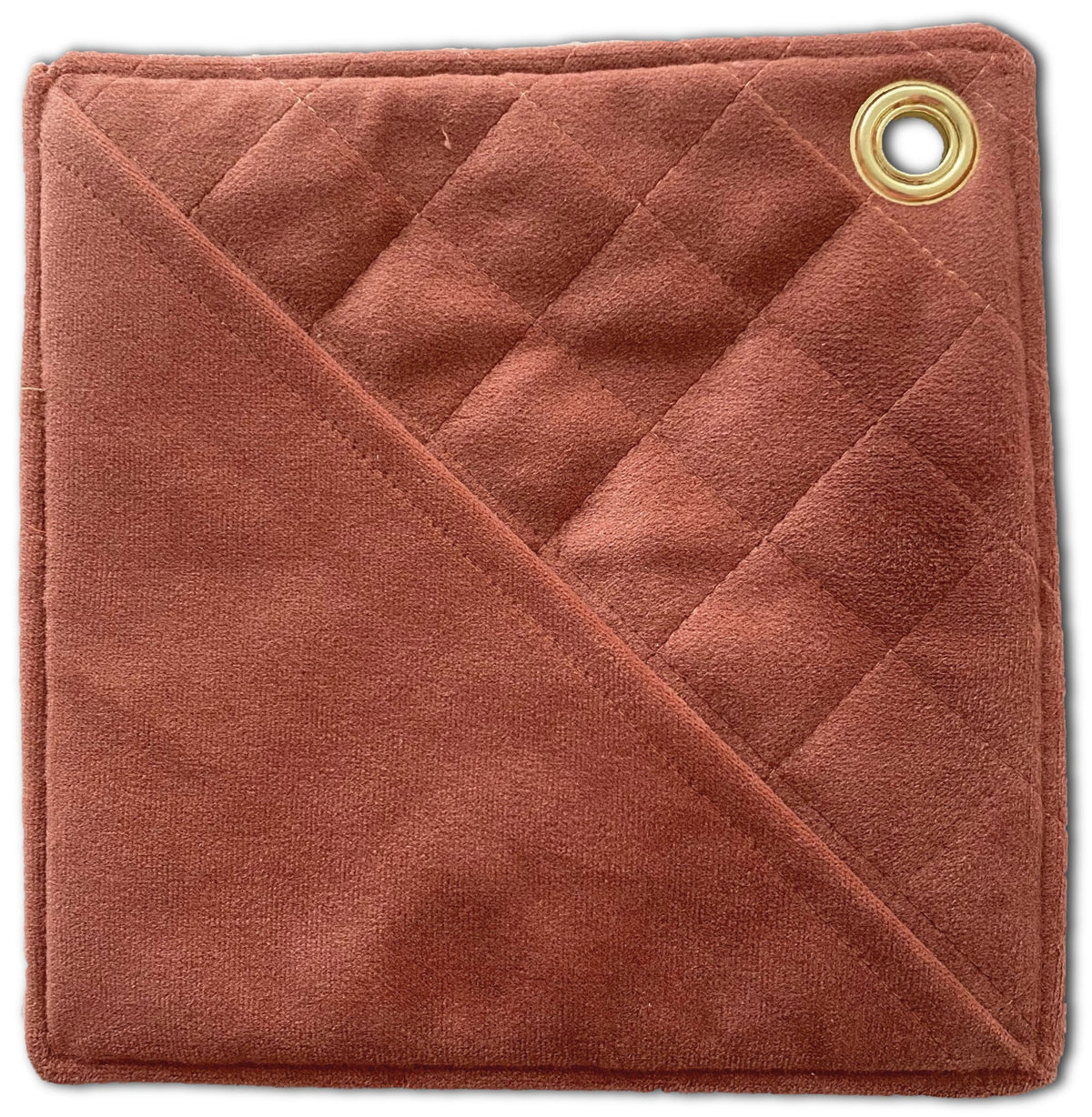 Grydelap lavet ud af rosa velour med en lomme til at holde indeni. MoodTiles
