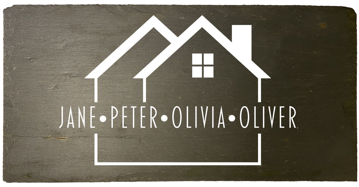 Skifer skilt som dørskilt. To huse og navne på dem som bor i huset. MoodTiles
