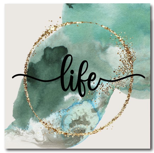 Coaster i grønne farver og med guld cirkel. Der står teksten "life" midt på flisen. dekorationsflisen måler 10,8 x 10,8 cm