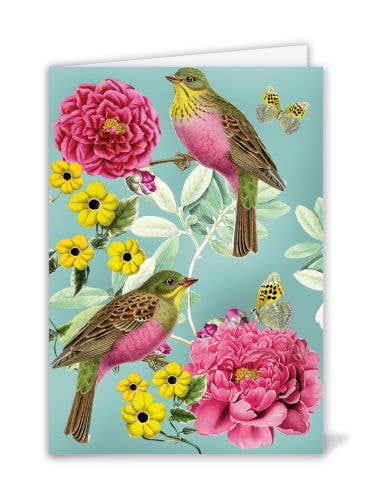 Lykønskningskort med fugle og blomster. 