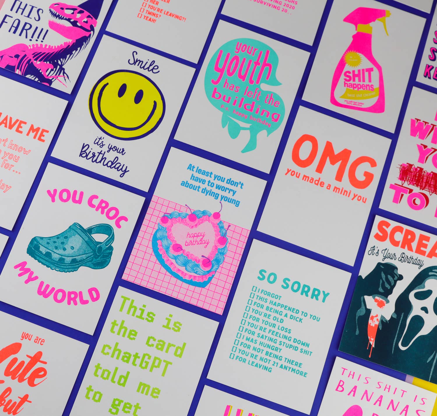 Sjove retro fødselsdagskort i neon farver