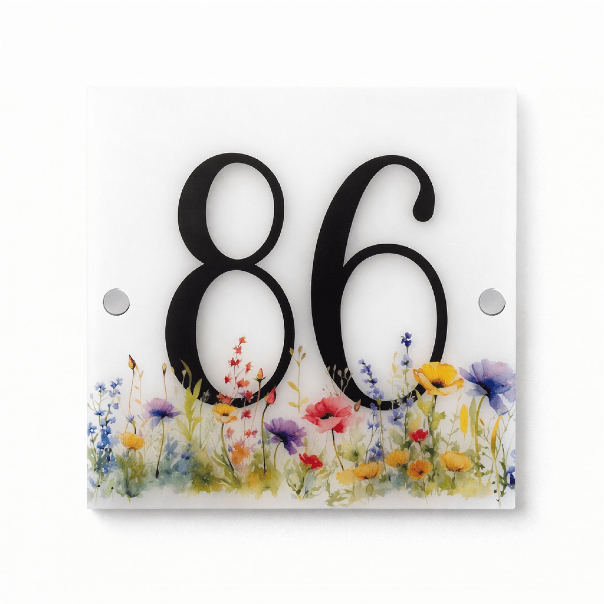 Dørskilt i frostet akryl – Husnummer & Vilde Blomster – 20x20 cm - MoodTiles