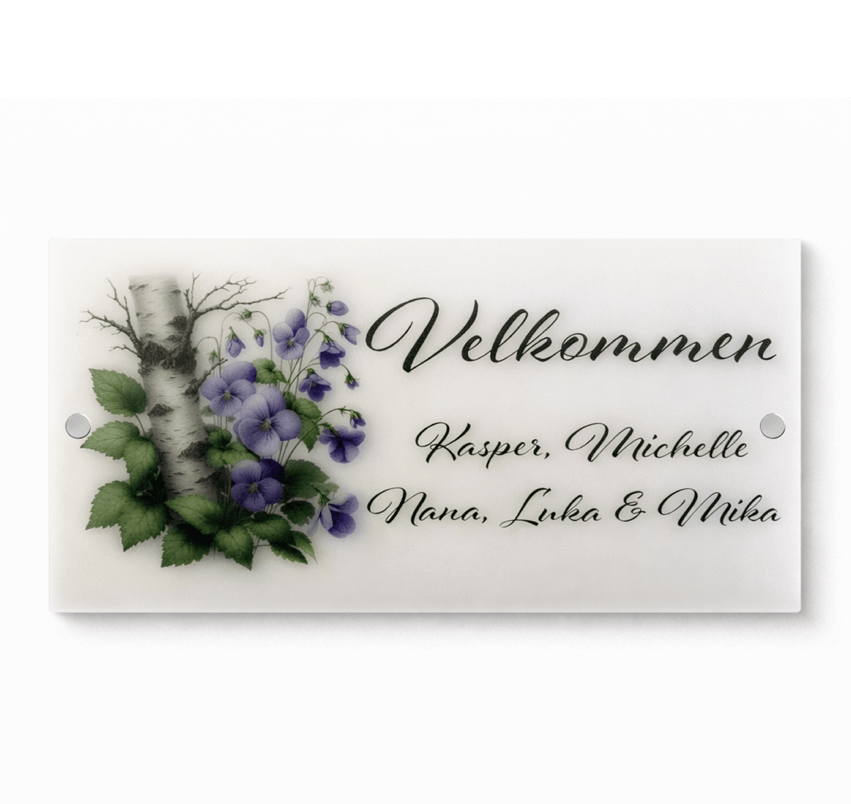 Dørskilt i frostet akryl – Stedmoderblomster & Birketræ – 20x40 cm - MoodTiles