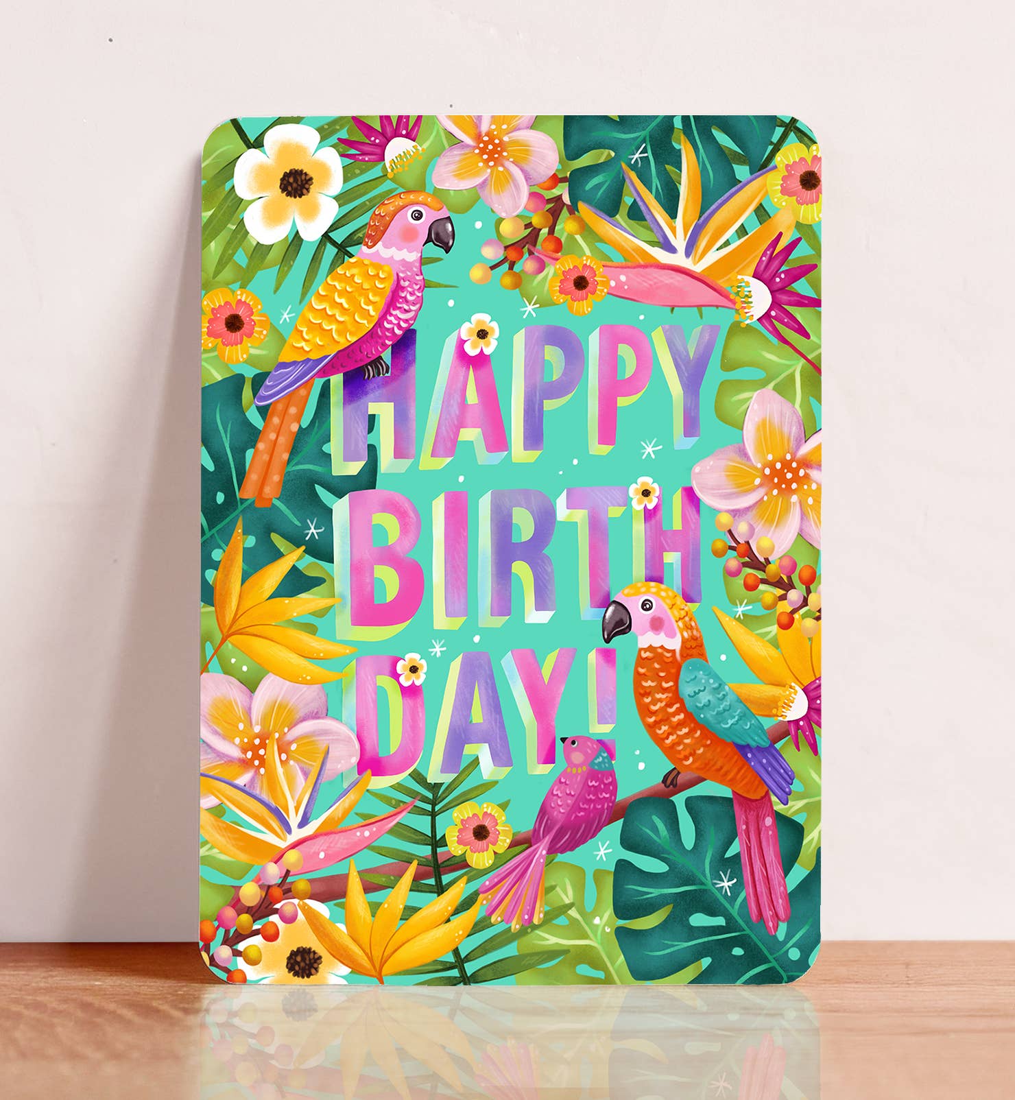 Kort fødselsdag tropiske fugle blomster postkort - MoodTiles