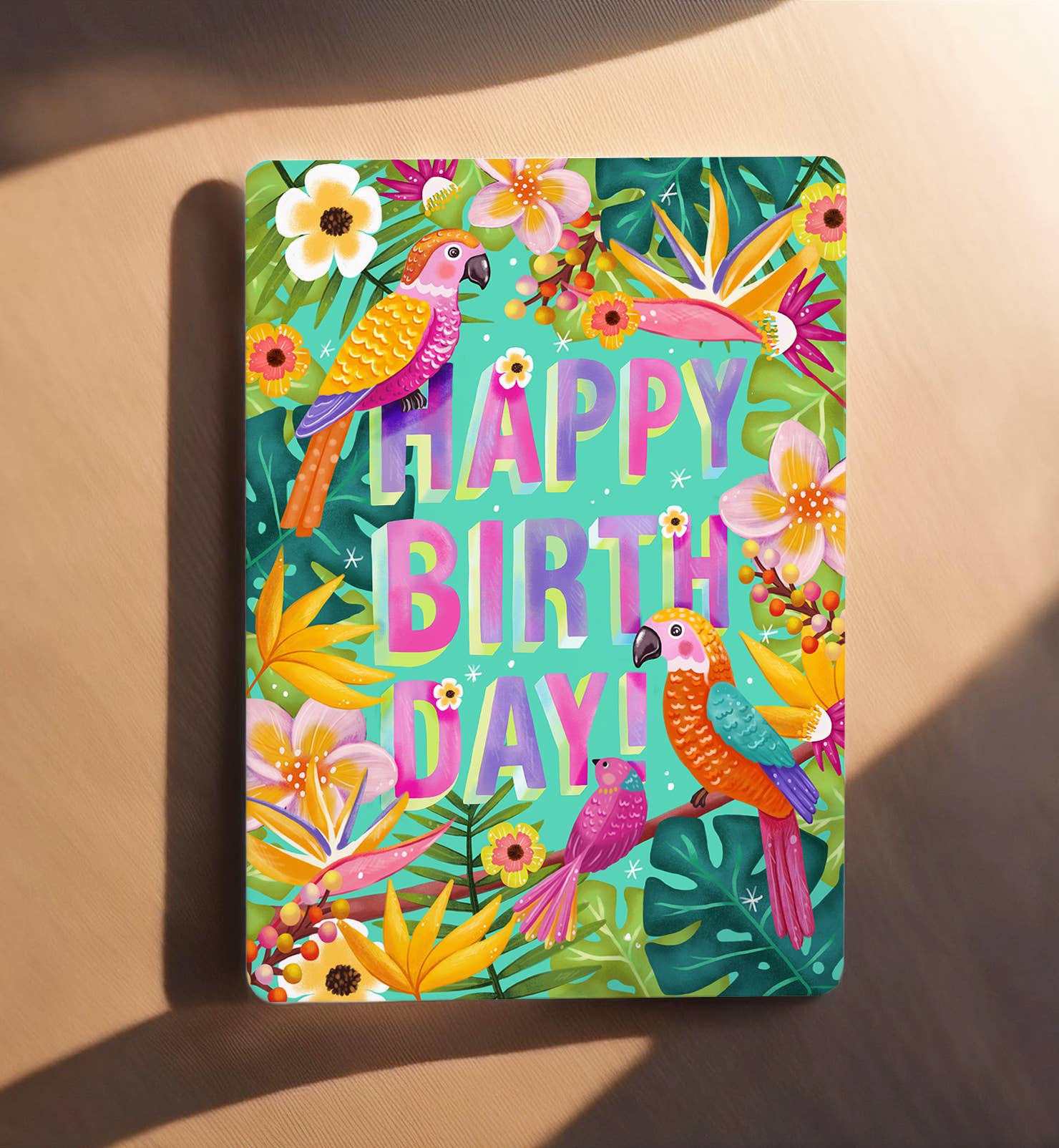 Kort fødselsdag tropiske fugle blomster postkort - MoodTiles